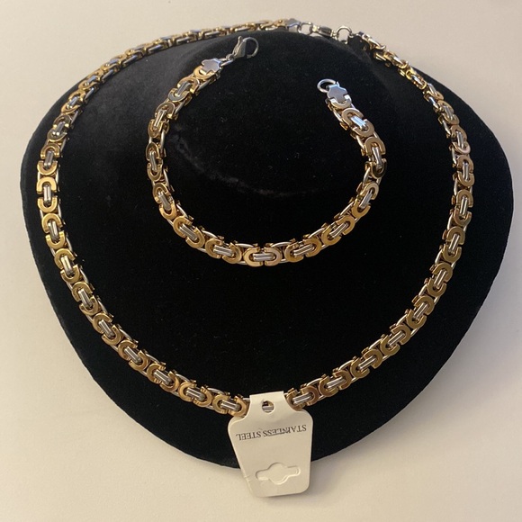 Men’s Stainless Steel Egyptian Byzantine Flat Necklace & Bangle Set - Picture 3 of 9